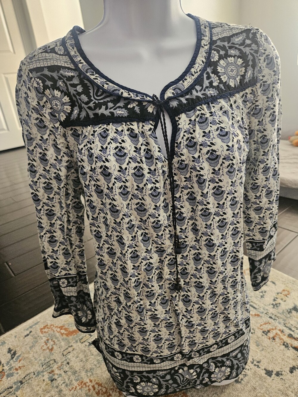 Lucky Brand Floral Border Print Boho Peasant Blouse Top M